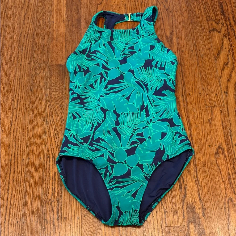 Lands' End Women's One Piece Swimsuit — Navy & Emerald Green Leaf Print — Size S